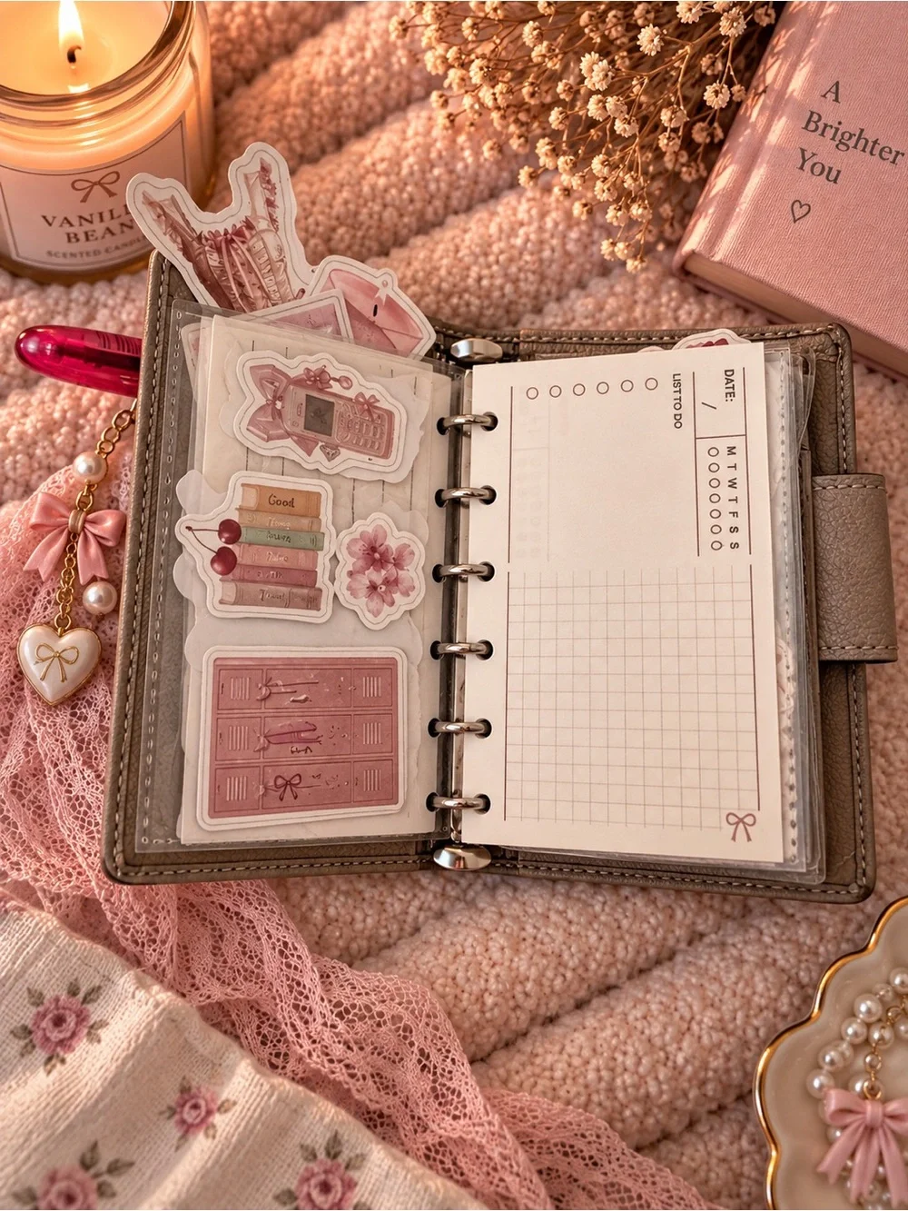 Coach Taupe Leather Card Holder with Pink Bow Charm and Hot Pink Pen